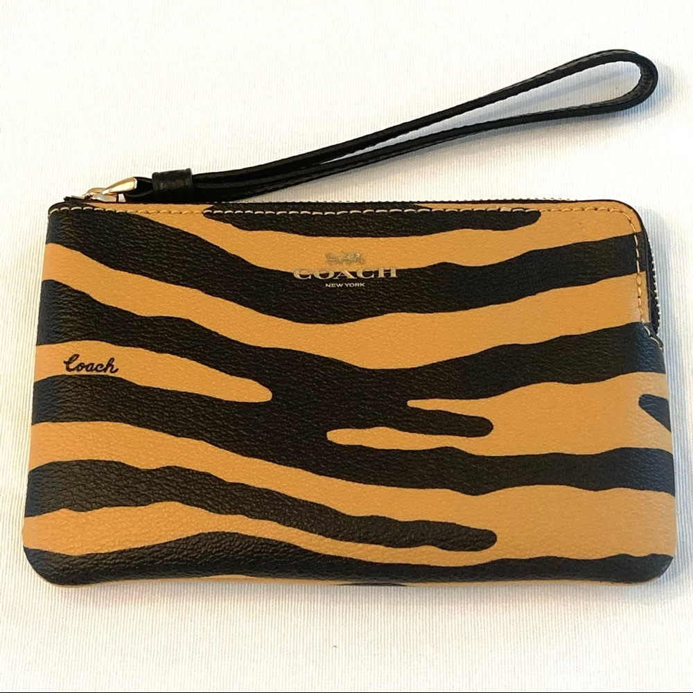 COACH Corner Zip Wristlet in Tiger Print